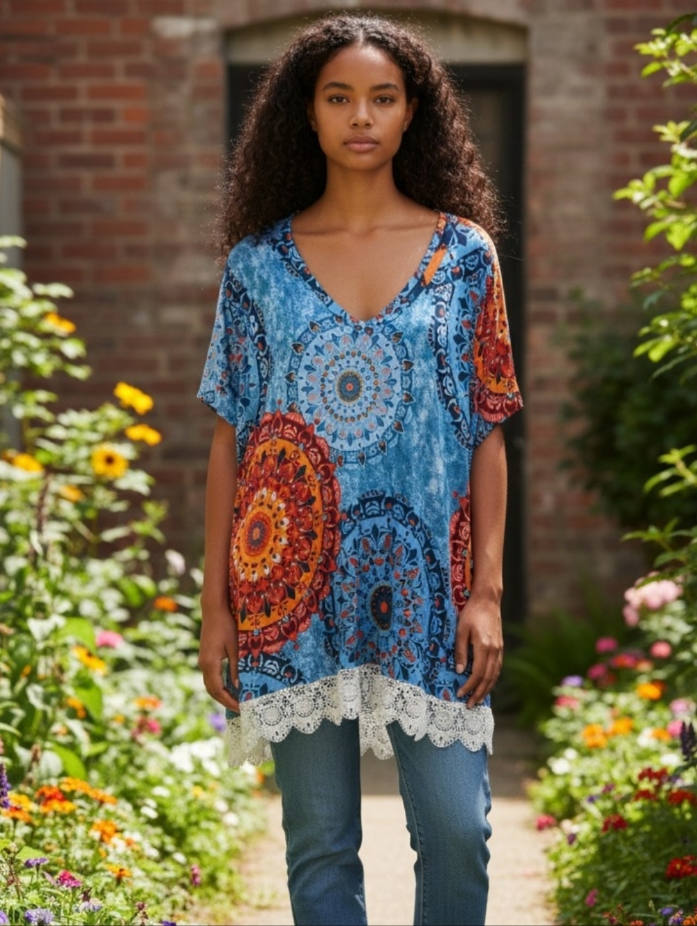 Popyoung  Boho Blue Multicolor Medallion Tunic Top